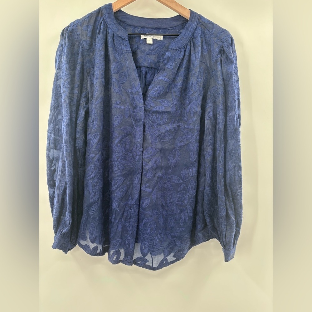 Chico's Tonal Embroidered Floral Top Blouse in Navy Blue Size 1.5(10)